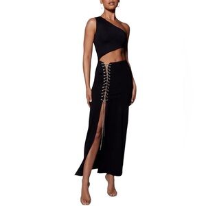 Meshki One Shoulder Midi Dress With Diamante Rope Black